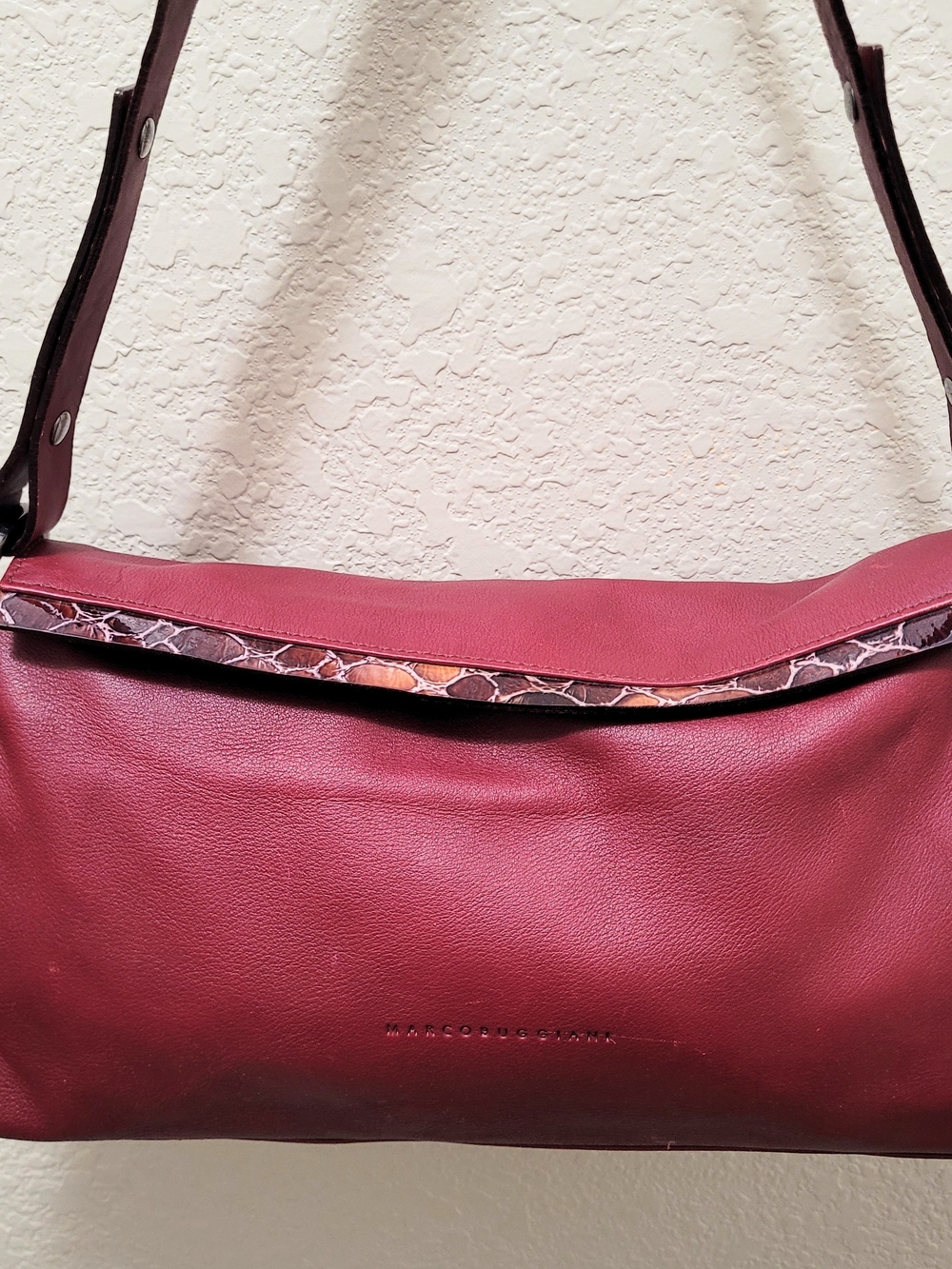 Vintage Marco Buggiani Italy Burgundy Red Leather Shoulder Bag Snake Trim